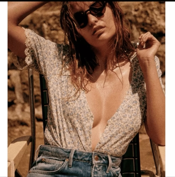 Sezane Blouse T-Shirt Blue Floral 100% cotton Sz. M - Picture 3 of 5